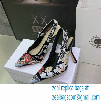 Dior Heel 9.5cm J'Adior Slingback Pumps in Black Multicolor Embroidered Cotton with Toile de Jouy Pop Motif 2022 - Click Image to Close