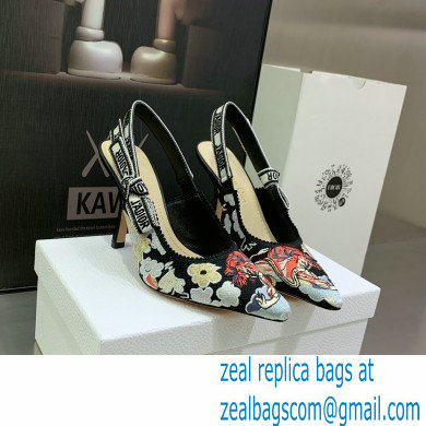 Dior Heel 9.5cm J'Adior Slingback Pumps in Black Multicolor Embroidered Cotton with Toile de Jouy Pop Motif 2022 - Click Image to Close