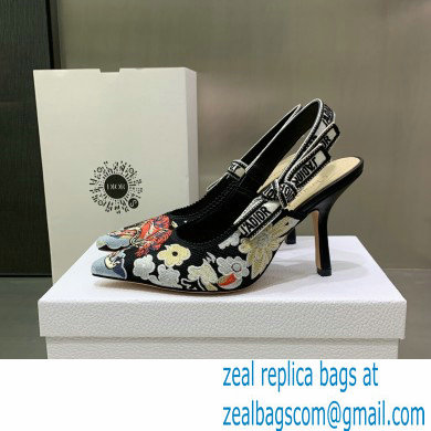 Dior Heel 9.5cm J'Adior Slingback Pumps in Black Multicolor Embroidered Cotton with Toile de Jouy Pop Motif 2022