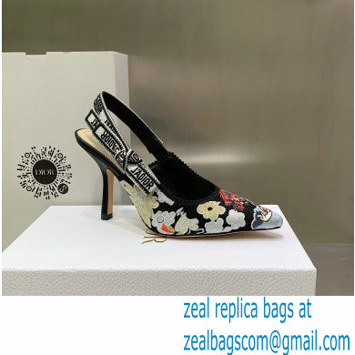 Dior Heel 9.5cm J'Adior Slingback Pumps in Black Multicolor Embroidered Cotton with Toile de Jouy Pop Motif 2022 - Click Image to Close