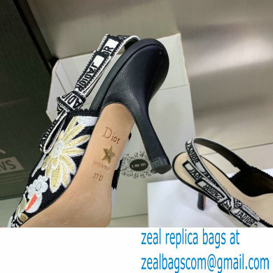 Dior Heel 9.5cm J'Adior Slingback Pumps in Black Multicolor Embroidered Cotton with Toile de Jouy Pop Motif 2022