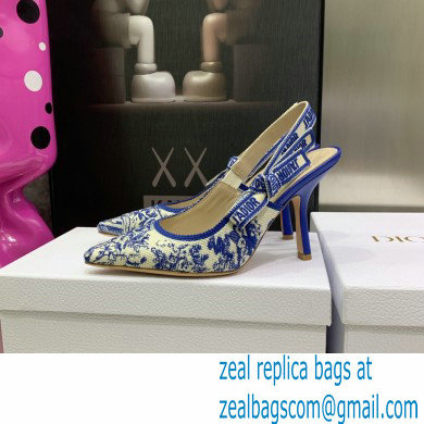 Dior Heel 9.5cm J'Adior Slingback Pumps in Bright Blue Toile de Jouy Embroidered Cotton 2022