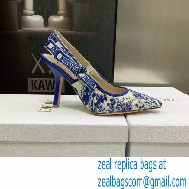 Dior Heel 9.5cm J'Adior Slingback Pumps in Bright Blue Toile de Jouy Embroidered Cotton 2022 - Click Image to Close