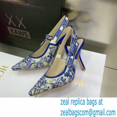 Dior Heel 9.5cm J'Adior Slingback Pumps in Bright Blue Toile de Jouy Embroidered Cotton 2022