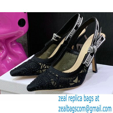 Dior Heel 9.5cm J'Adior Slingback Pumps in Macrame Embroidered Cotton Black 2022