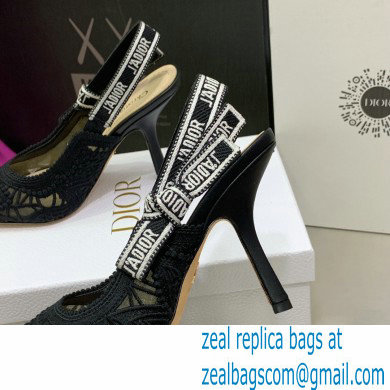 Dior Heel 9.5cm J'Adior Slingback Pumps in Macrame Embroidered Cotton Black 2022