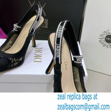 Dior Heel 9.5cm J'Adior Slingback Pumps in Macrame Embroidered Cotton Black 2022 - Click Image to Close