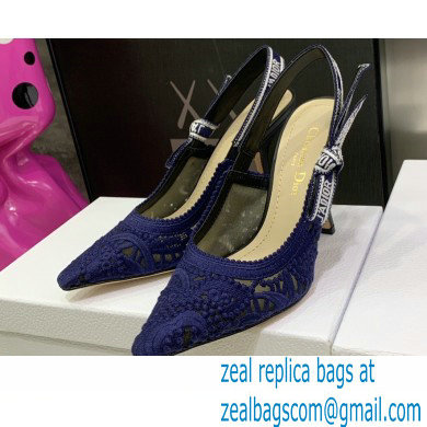 Dior Heel 9.5cm J'Adior Slingback Pumps in Macrame Embroidered Cotton Blue 2022 - Click Image to Close