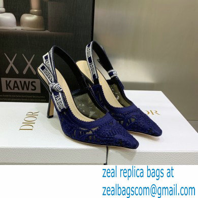 Dior Heel 9.5cm J'Adior Slingback Pumps in Macrame Embroidered Cotton Blue 2022 - Click Image to Close