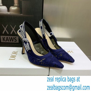 Dior Heel 9.5cm J'Adior Slingback Pumps in Macrame Embroidered Cotton Blue 2022