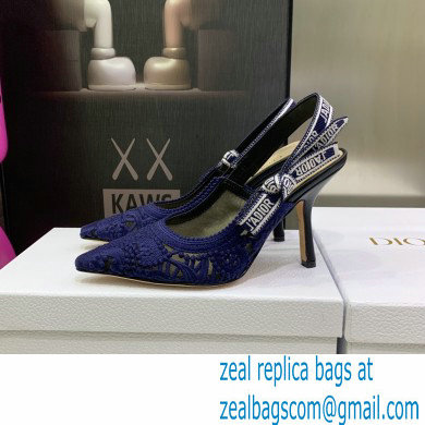 Dior Heel 9.5cm J'Adior Slingback Pumps in Macrame Embroidered Cotton Blue 2022 - Click Image to Close