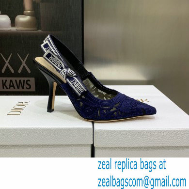 Dior Heel 9.5cm J'Adior Slingback Pumps in Macrame Embroidered Cotton Blue 2022