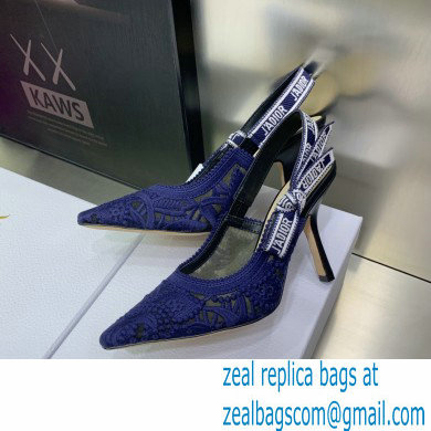 Dior Heel 9.5cm J'Adior Slingback Pumps in Macrame Embroidered Cotton Blue 2022