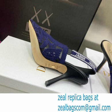 Dior Heel 9.5cm J'Adior Slingback Pumps in Macrame Embroidered Cotton Blue 2022