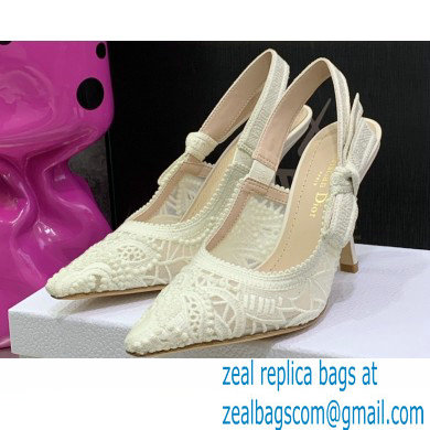 Dior Heel 9.5cm J'Adior Slingback Pumps in Macrame Embroidered Cotton White 2022 - Click Image to Close