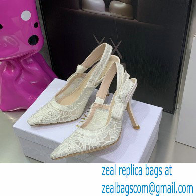 Dior Heel 9.5cm J'Adior Slingback Pumps in Macrame Embroidered Cotton White 2022