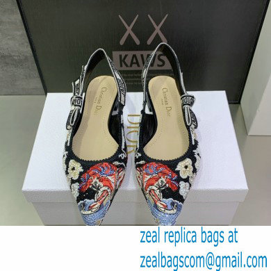 Dior J'Adior Slingback Ballerina Flats in Black Embroidered Cotton with Toile de Jouy Pop Motif in Multicolor Beads and Strass 2022 - Click Image to Close