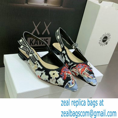 Dior J'Adior Slingback Ballerina Flats in Black Embroidered Cotton with Toile de Jouy Pop Motif in Multicolor Beads and Strass 2022