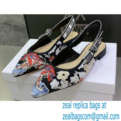 Dior J'Adior Slingback Ballerina Flats in Black Embroidered Cotton with Toile de Jouy Pop Motif in Multicolor Beads and Strass 2022 - Click Image to Close