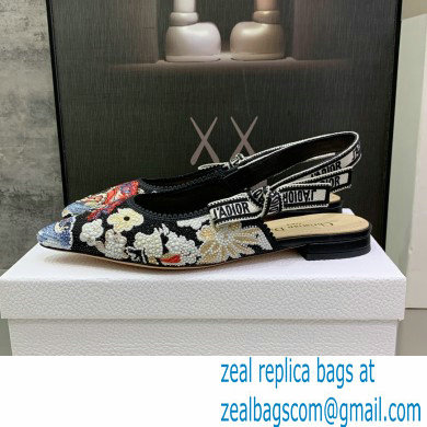 Dior J'Adior Slingback Ballerina Flats in Black Embroidered Cotton with Toile de Jouy Pop Motif in Multicolor Beads and Strass 2022 - Click Image to Close