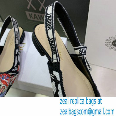 Dior J'Adior Slingback Ballerina Flats in Black Embroidered Cotton with Toile de Jouy Pop Motif in Multicolor Beads and Strass 2022 - Click Image to Close