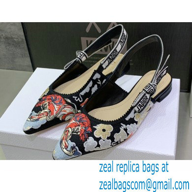 Dior J'Adior Slingback Ballerina Flats in Black Multicolor Embroidered Cotton with Toile de Jouy Pop Motif 2022