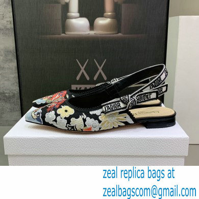 Dior J'Adior Slingback Ballerina Flats in Black Multicolor Embroidered Cotton with Toile de Jouy Pop Motif 2022