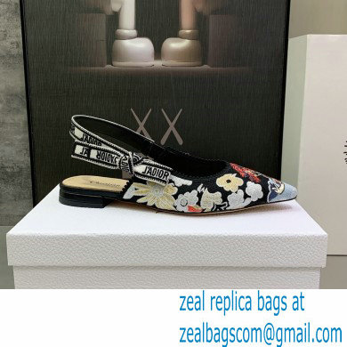 Dior J'Adior Slingback Ballerina Flats in Black Multicolor Embroidered Cotton with Toile de Jouy Pop Motif 2022 - Click Image to Close