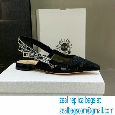 Dior J'Adior Slingback Ballerina Flats in Macrame Embroidered Cotton Black 2022