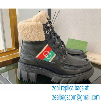 Gucci Heel 6cm Platform 2cm Shearling Ankle boots Black with Interlocking G Stripe 2022