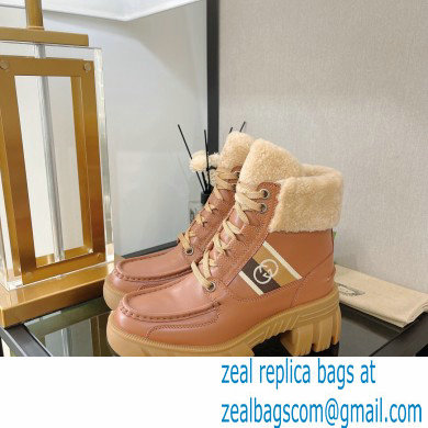 Gucci Heel 6cm Platform 2cm Shearling Ankle boots Brown with Interlocking G Stripe 2022