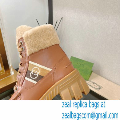 Gucci Heel 6cm Platform 2cm Shearling Ankle boots Brown with Interlocking G Stripe 2022 - Click Image to Close