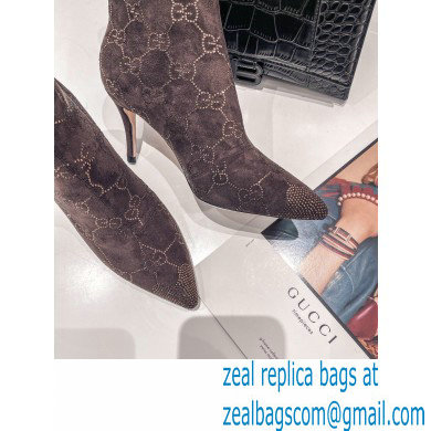 Gucci Heel 7.5cm Wool Ankle boots with Crystal Interlocking G Coffee 2022 - Click Image to Close