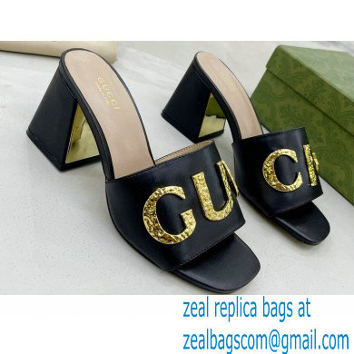 Gucci Heel 7.5cm logo with star leather slides Sandals Black 2022 - Click Image to Close