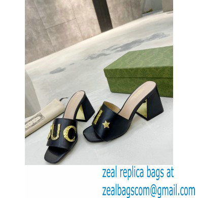 Gucci Heel 7.5cm logo with star leather slides Sandals Black 2022 - Click Image to Close