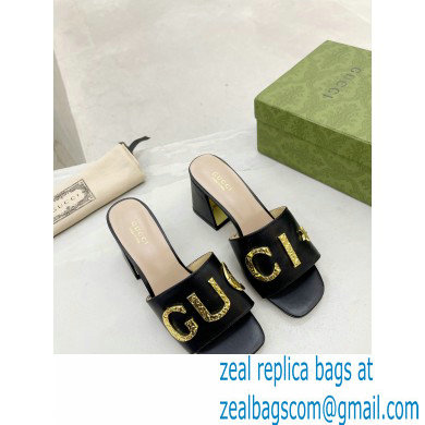 Gucci Heel 7.5cm logo with star leather slides Sandals Black 2022