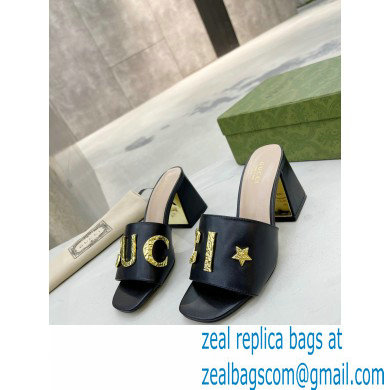 Gucci Heel 7.5cm logo with star leather slides Sandals Black 2022 - Click Image to Close