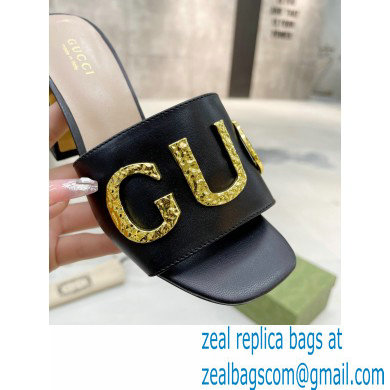 Gucci Heel 7.5cm logo with star leather slides Sandals Black 2022 - Click Image to Close