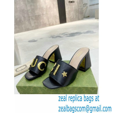 Gucci Heel 7.5cm logo with star leather slides Sandals Black 2022 - Click Image to Close