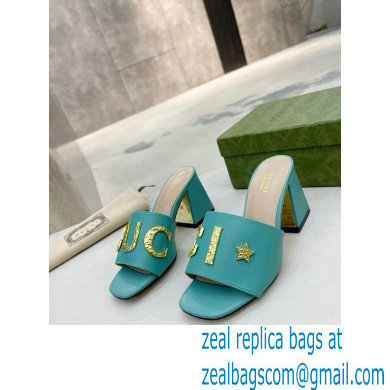 Gucci Heel 7.5cm logo with star leather slides Sandals Blue 2022 - Click Image to Close