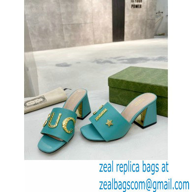 Gucci Heel 7.5cm logo with star leather slides Sandals Blue 2022