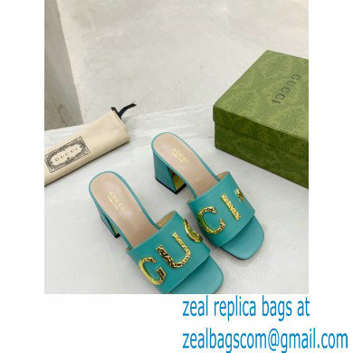 Gucci Heel 7.5cm logo with star leather slides Sandals Blue 2022