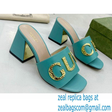 Gucci Heel 7.5cm logo with star leather slides Sandals Blue 2022 - Click Image to Close