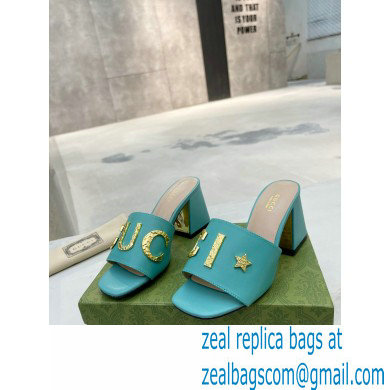 Gucci Heel 7.5cm logo with star leather slides Sandals Blue 2022