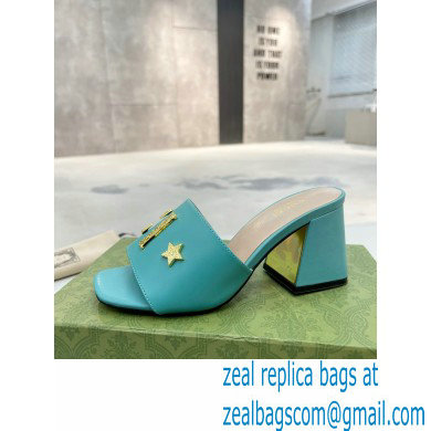 Gucci Heel 7.5cm logo with star leather slides Sandals Blue 2022 - Click Image to Close