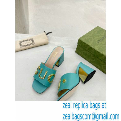 Gucci Heel 7.5cm logo with star leather slides Sandals Blue 2022 - Click Image to Close