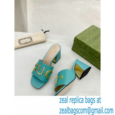 Gucci Heel 7.5cm logo with star leather slides Sandals Blue 2022