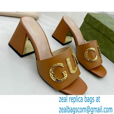 Gucci Heel 7.5cm logo with star leather slides Sandals Brown 2022 - Click Image to Close