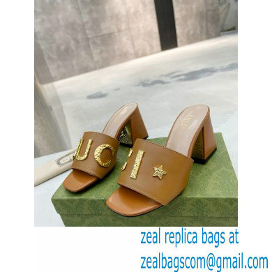 Gucci Heel 7.5cm logo with star leather slides Sandals Brown 2022 - Click Image to Close