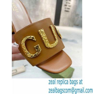 Gucci Heel 7.5cm logo with star leather slides Sandals Brown 2022 - Click Image to Close